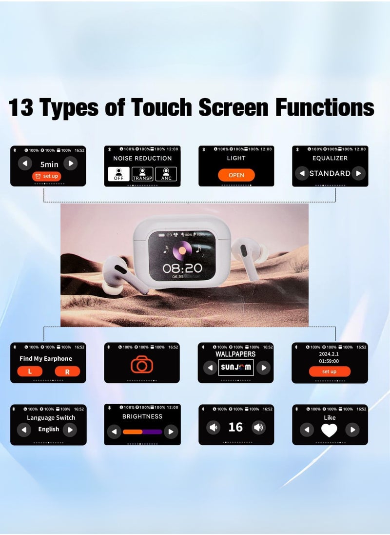 TWS Wireless Earbuds Bluetooth 5.3 – Touch Control, Active Noise Cancelling, LCD Power Display, Deep Bass – Compatible with Android & iOS – White