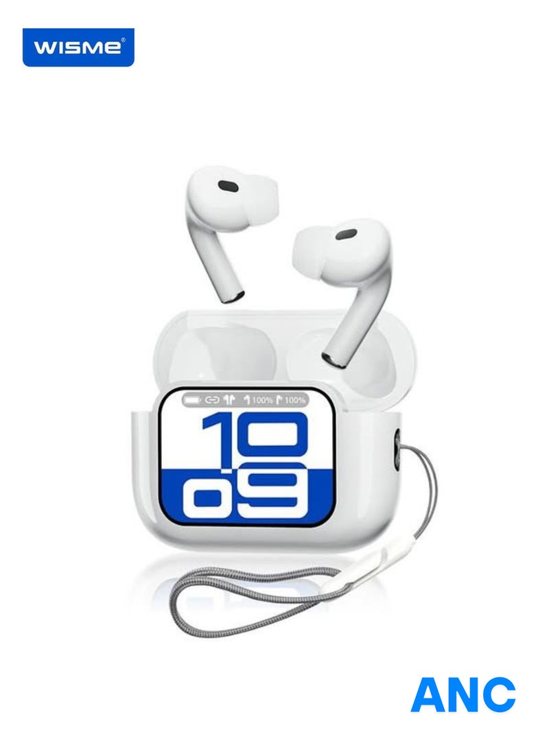 TWS Wireless Earbuds Bluetooth 5.3 – Touch Control, Active Noise Cancelling, LCD Power Display, Deep Bass – Compatible with Android & iOS – White