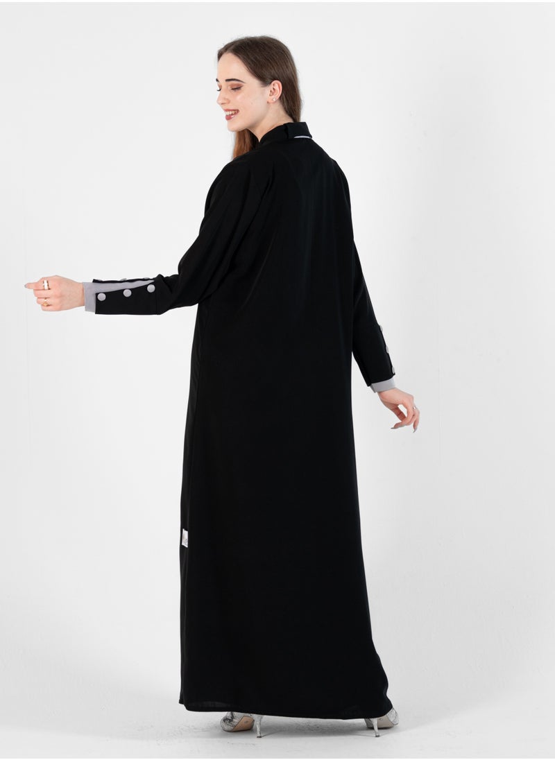 Abaya with Button style and Gray color  design on sleeves