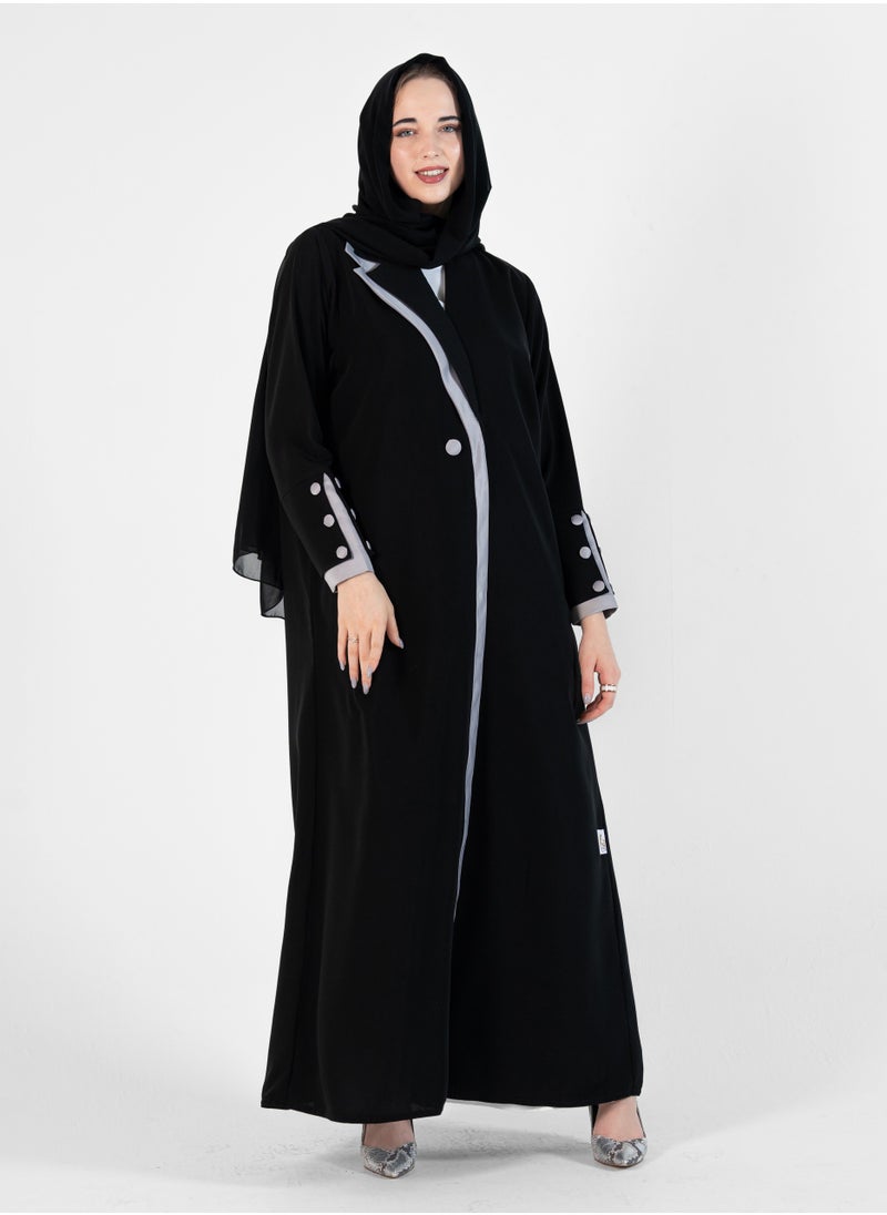 Abaya with Button style and Gray color  design on sleeves