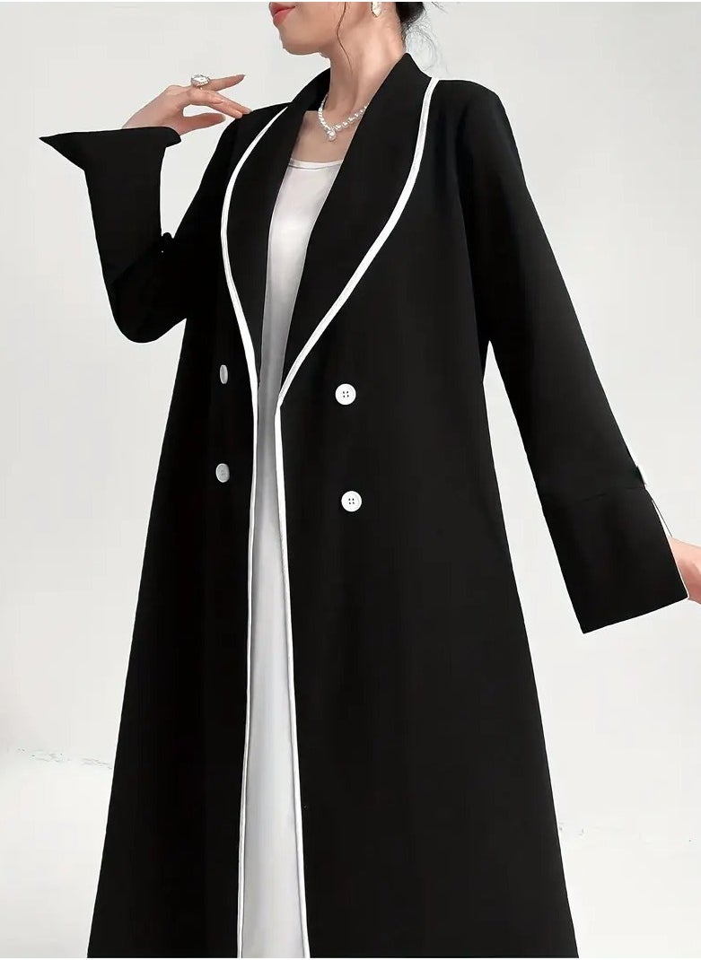 Elegant Black Open Abaya with White Piping and Button Details