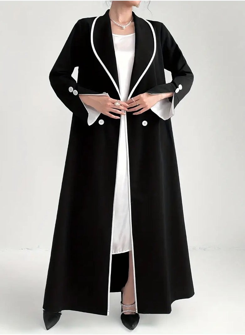 Elegant Black Open Abaya with White Piping and Button Details