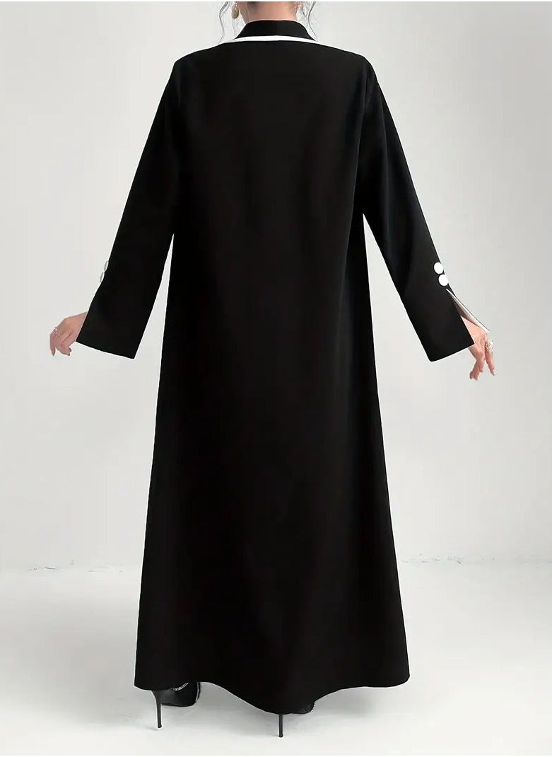 Elegant Black Open Abaya with White Piping and Button Details