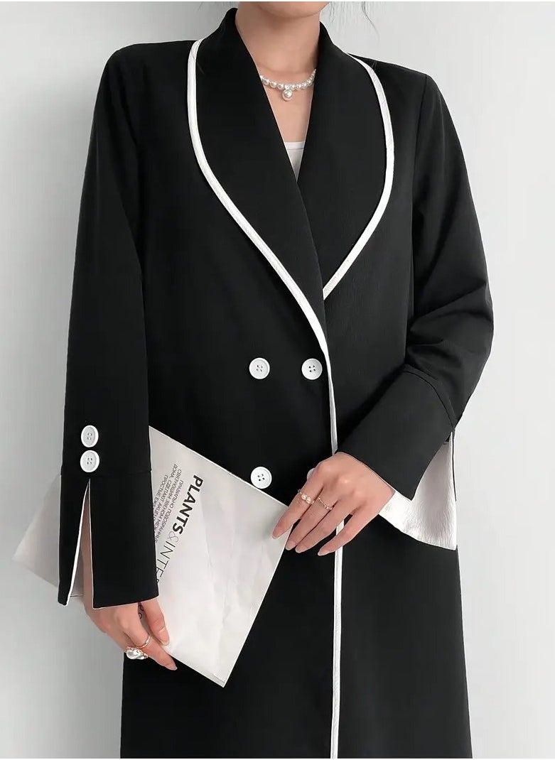 Elegant Black Open Abaya with White Piping and Button Details