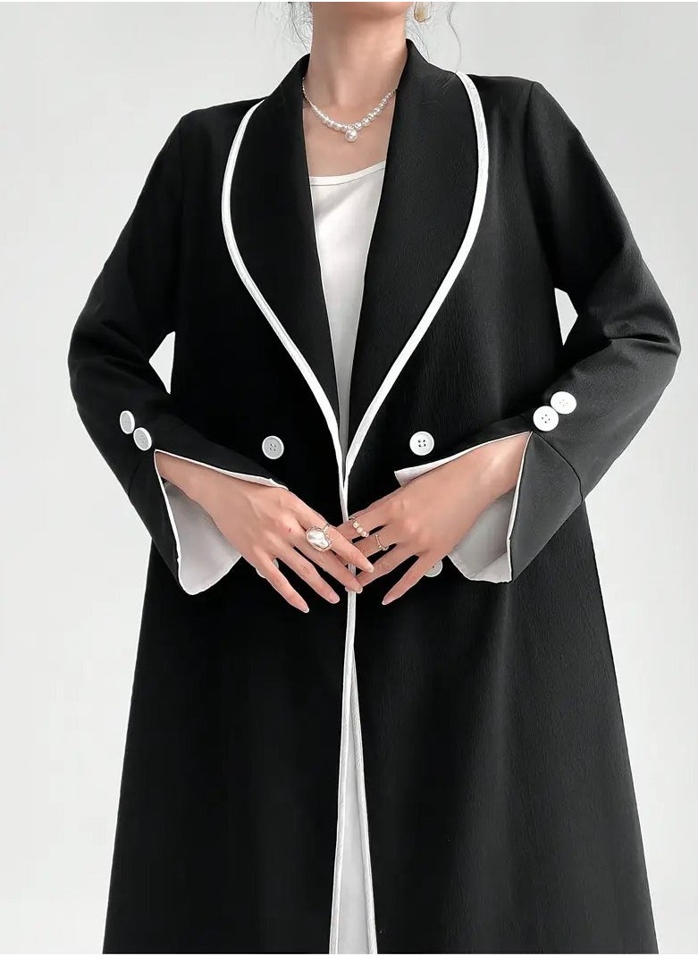 Elegant Black Open Abaya with White Piping and Button Details