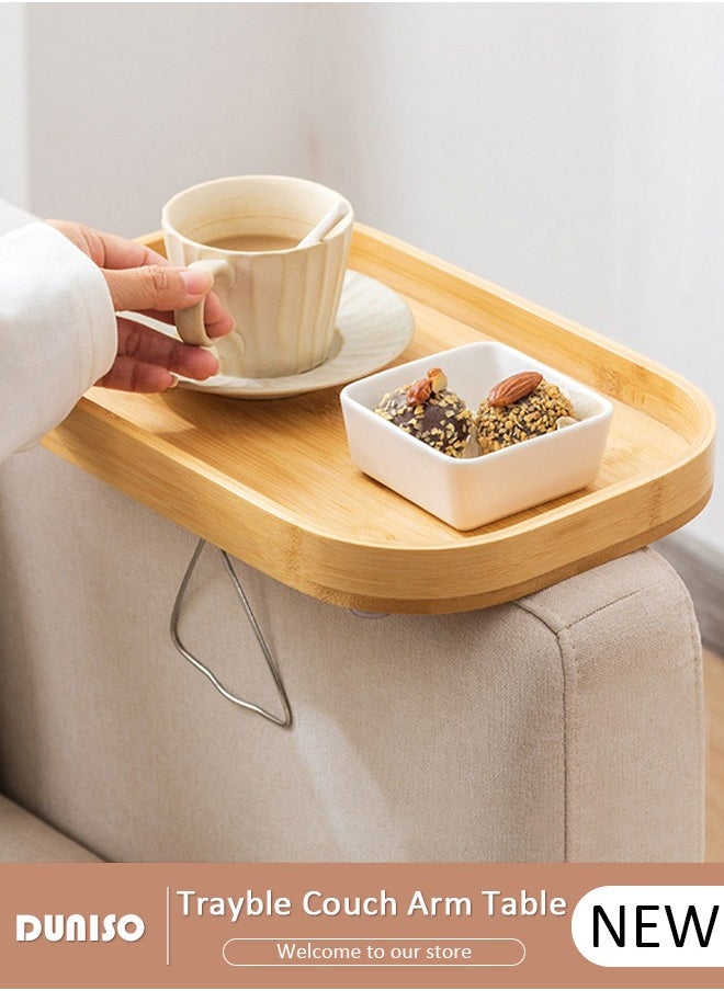 Bamboo Trayble Couch Arm Table,Clip On Tray Sofa Table for Couches, Rectangle Wooden Tray,Multipurpose Trays for Breakfast, Coffee Table/Butler & More ,Light & Sturdy Wood Tray Foldable Armrest Tray Table for Eating and Drink