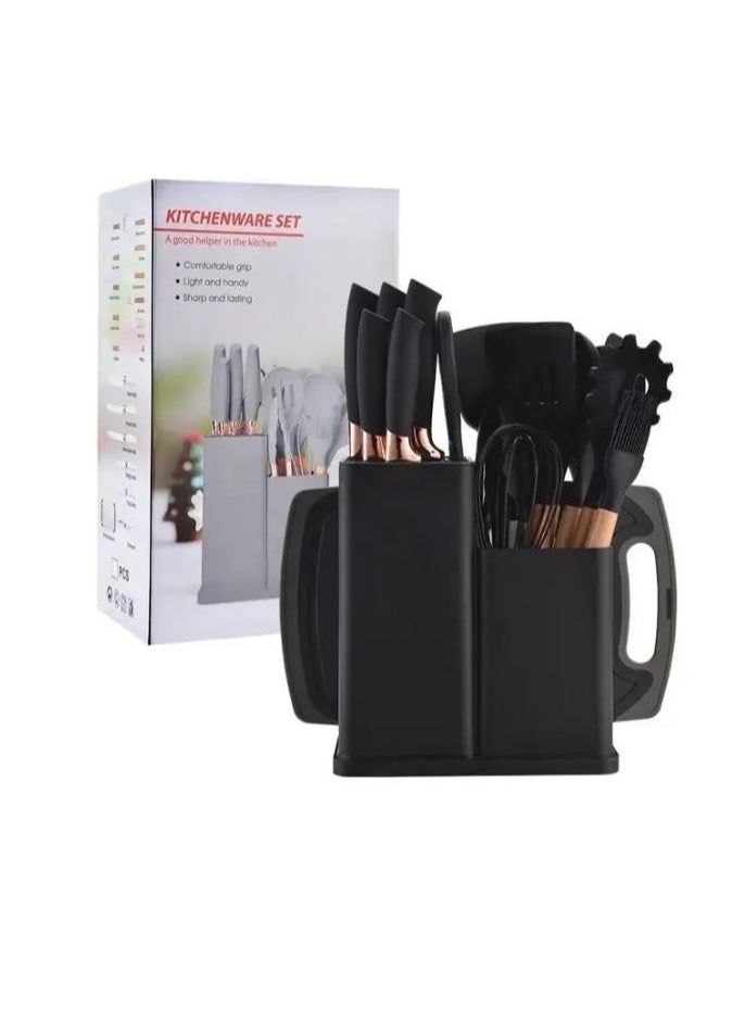 19-Piece Silicone Kitchen Utensil Set, Cutting Board & Holder – Heat Resistant, Nonstick, Durable – Available in Black – Complete Cooking and Baking Set