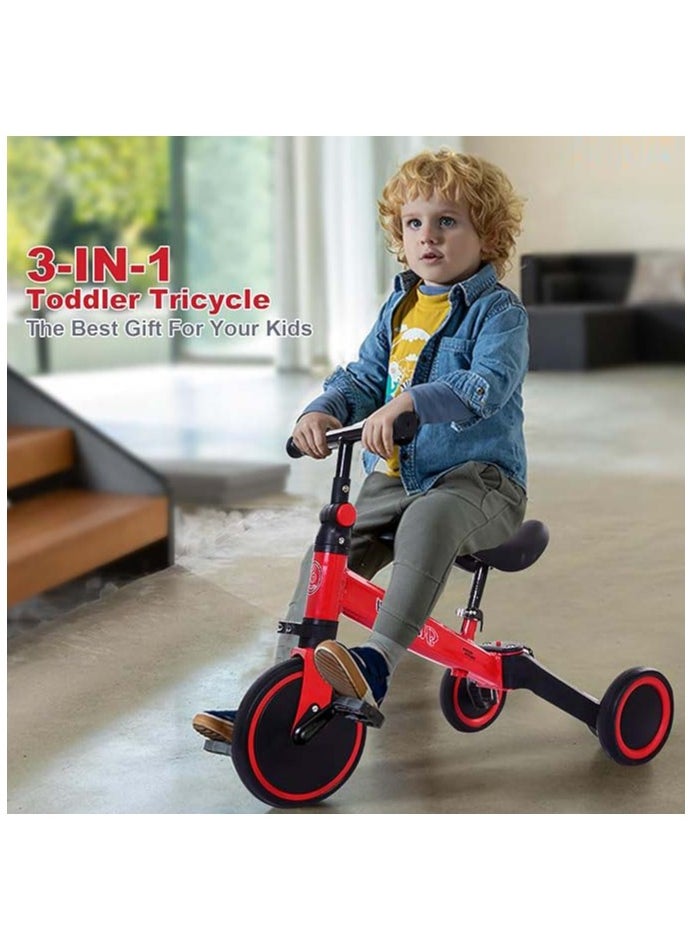 3-in-1 Kids Tricycle Toddler Bike | 3-Wheel Kids Trike for Boys & Girls with Adjustable Seat, Handlebar, and Removable Pedals (Red)