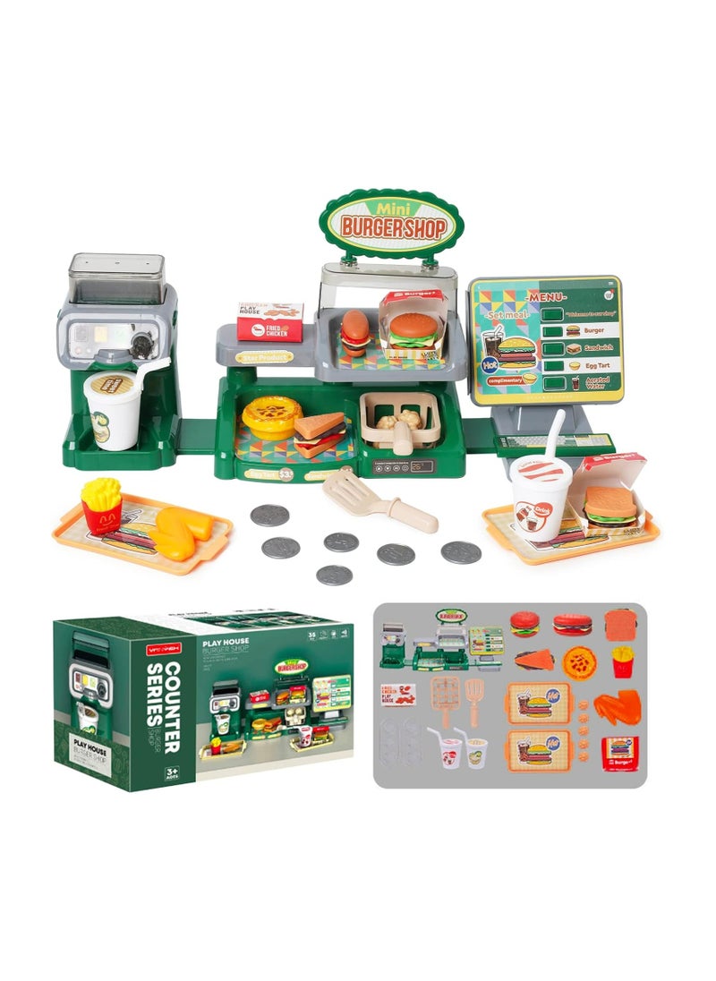 Register Toy 35PCS Shopping Till with Beverage Machine Hamburger Sandwich Fries Egg Tart Food Money Kids Pretend Game