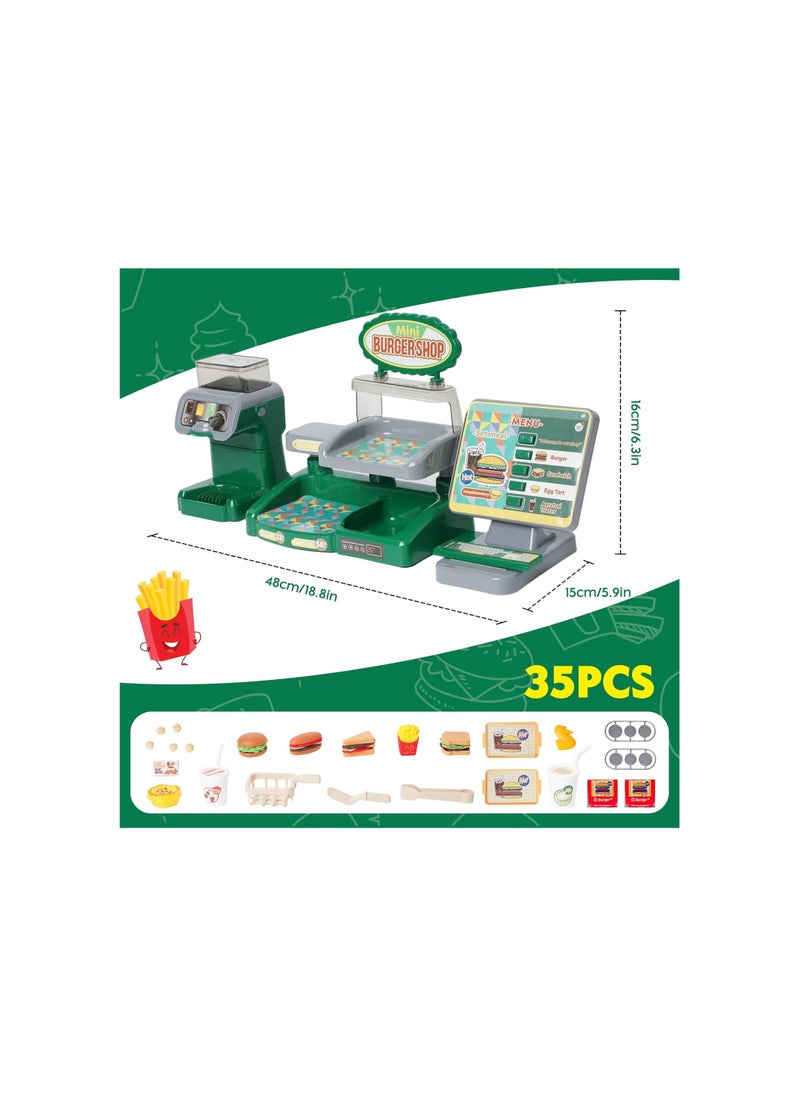 Register Toy 35PCS Shopping Till with Beverage Machine Hamburger Sandwich Fries Egg Tart Food Money Kids Pretend Game