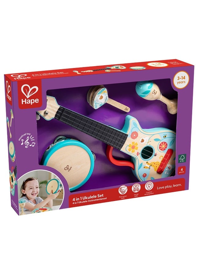 Hape 4-In-1 Ukulele Wooden Instrument Playset