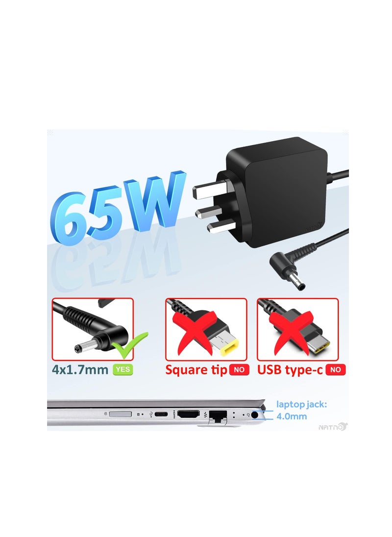 65W AC Adapter Charger for Lenovo IdeaPad 330 330s 320 310 100 110 110S 120 120S 510 S340 S145 710S, Flex 3 4 5 6 Laptop 4.0 * 1.7 mm Round Tip Power Supply Cord(DL65200325)