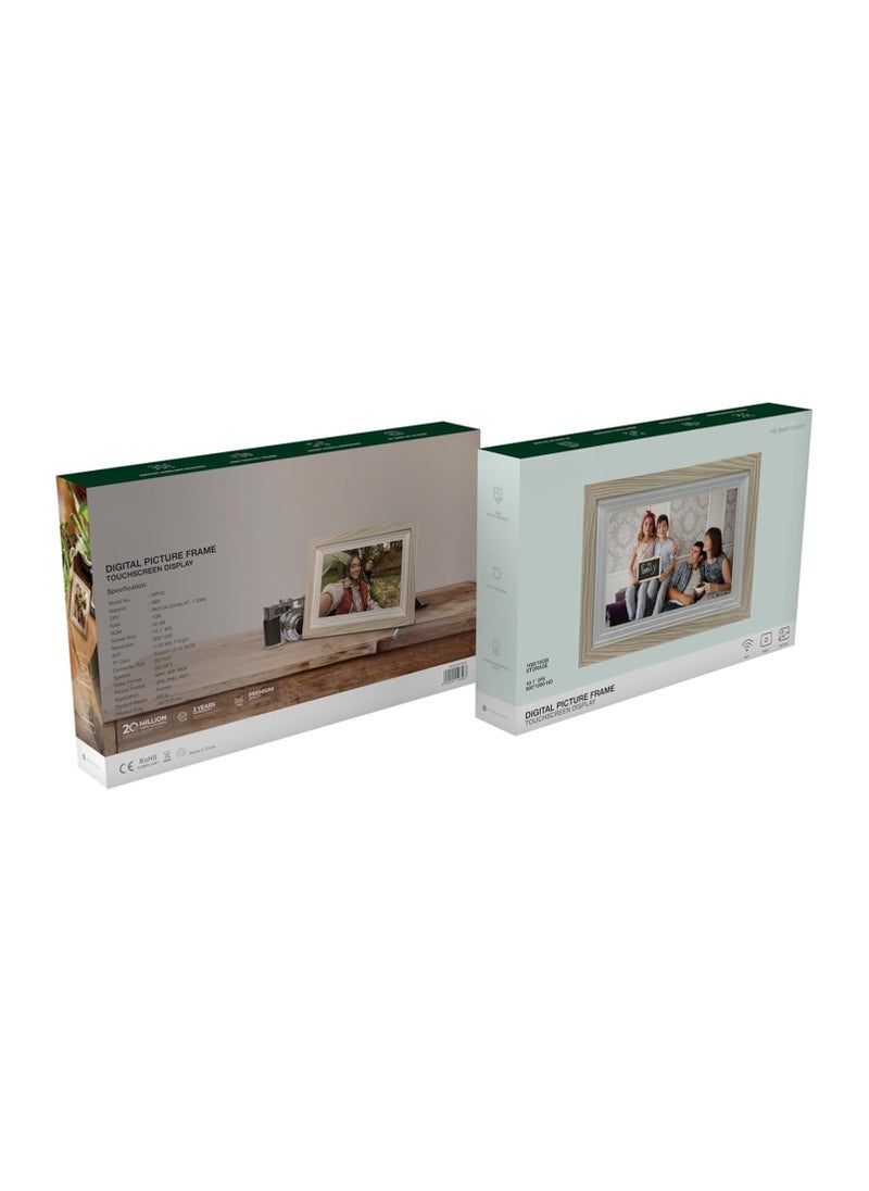 Digital Picture Frame Touch Screen 10.1 Inch Display, RK3126 Cortex-A7, 16GB ROM 1GB RAM, 32GB TF Card Support, WiFi Sharing, 8Ω 2W*2 Speaker, Wooden Frame, Smart Photo Viewer