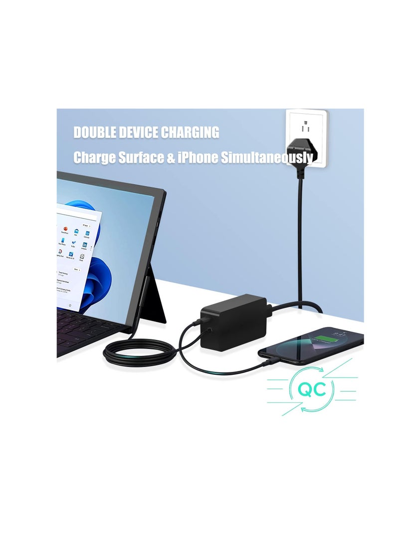 44W Surface Pro Charger, Compatible with Microsoft Surface Pro 10, 9, 8, 7+, 7, 6, 5, 4, 3, X, Surface Laptop 1/2/3 Surface Go Surface Book Power Cord with 5V 1A USB Charging Port