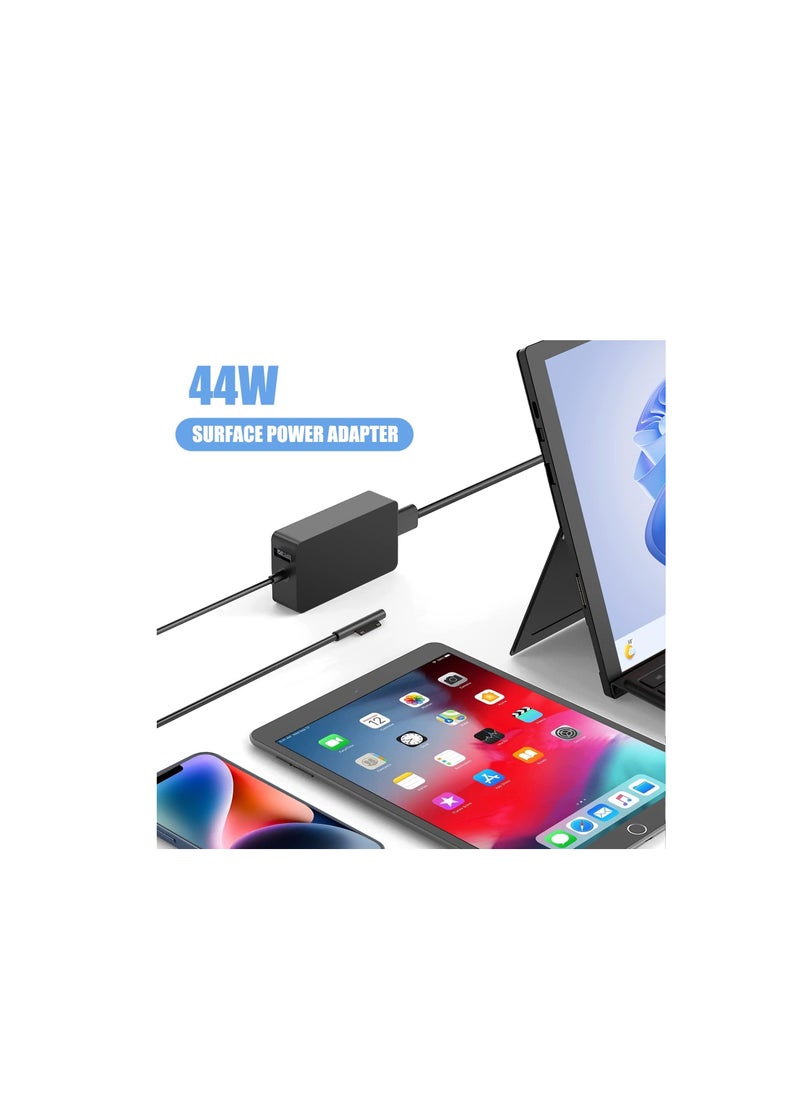 44W Surface Pro Charger, Compatible with Microsoft Surface Pro 10, 9, 8, 7+, 7, 6, 5, 4, 3, X, Surface Laptop 1/2/3 Surface Go Surface Book Power Cord with 5V 1A USB Charging Port