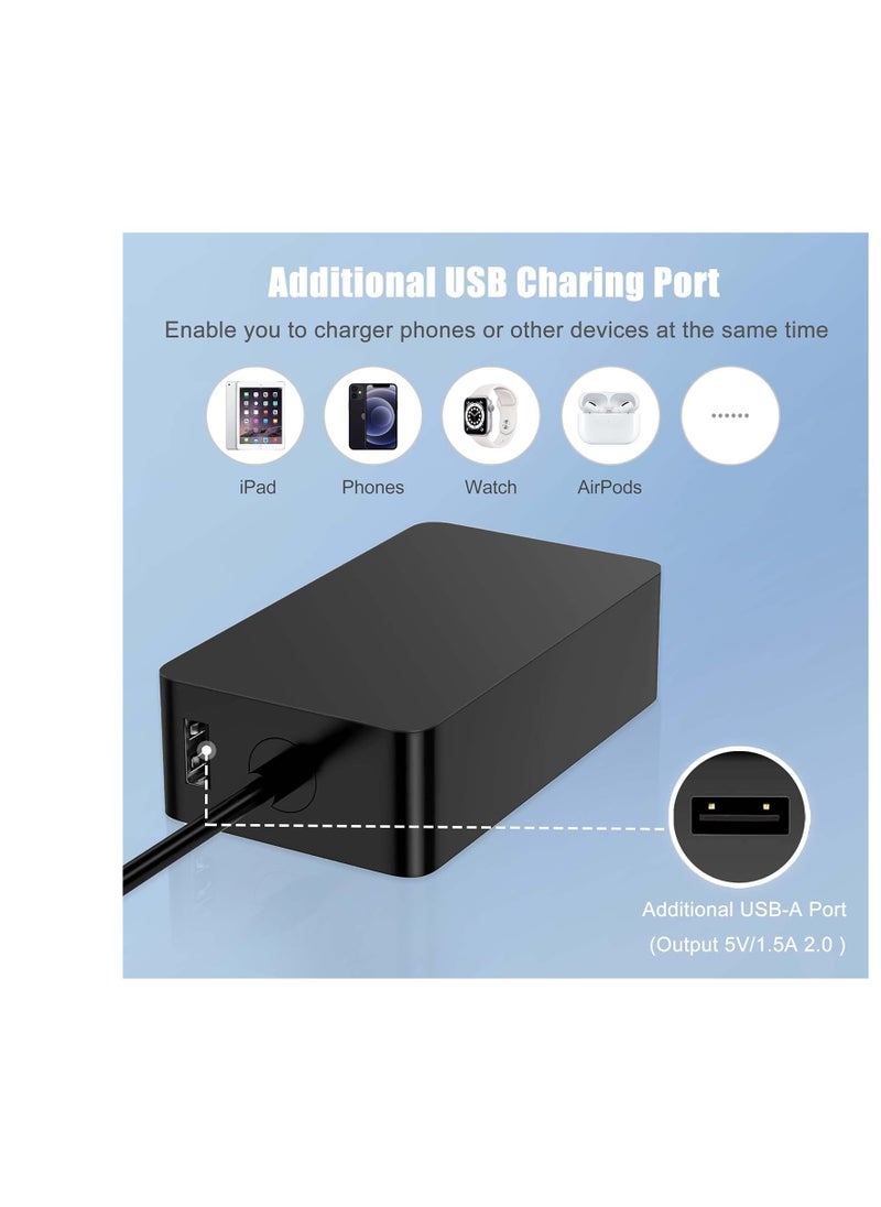 44W Surface Pro Charger, Compatible with Microsoft Surface Pro 10, 9, 8, 7+, 7, 6, 5, 4, 3, X, Surface Laptop 1/2/3 Surface Go Surface Book Power Cord with 5V 1A USB Charging Port