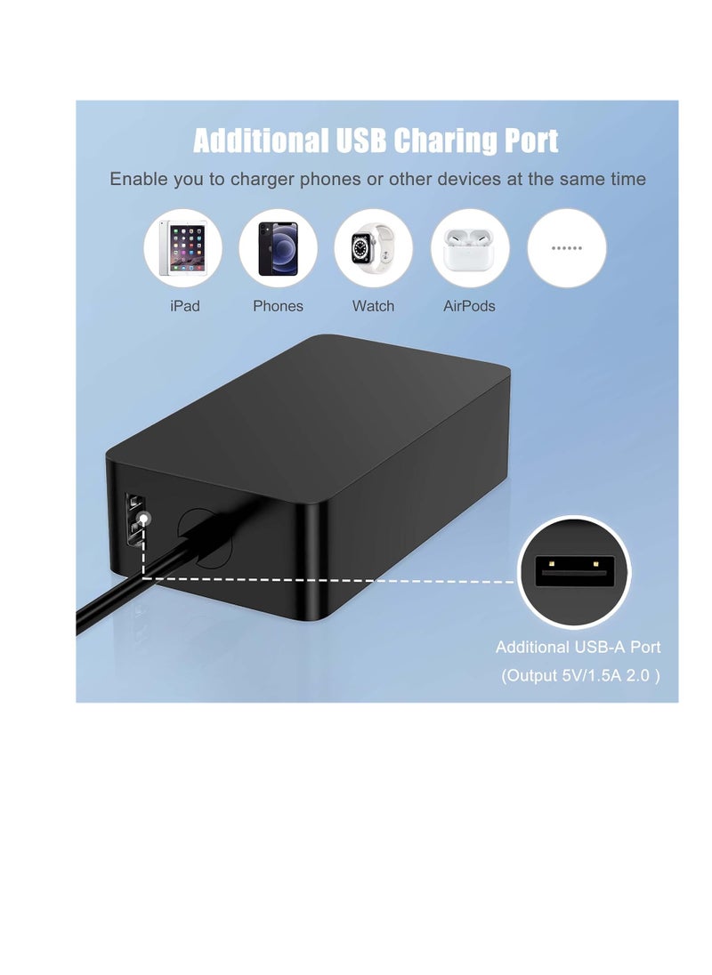 44W Surface Pro Charger, Compatible with Microsoft Surface Pro 10, 9, 8, 7+, 7, 6, 5, 4, 3, X, Surface Laptop 1/2/3 Surface Go Surface Book Power Cord with 5V 1A USB Charging Port