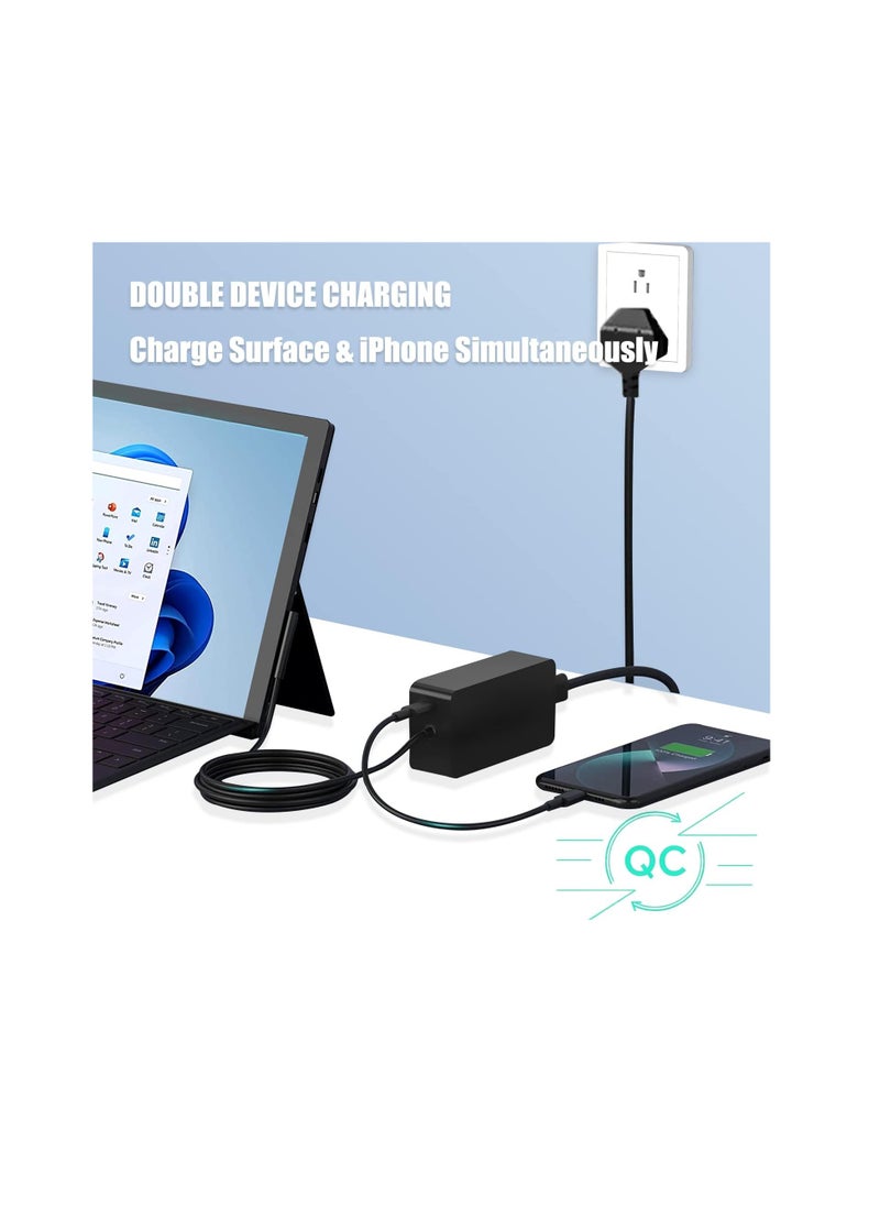 44W Surface Pro Charger, Compatible with Microsoft Surface Pro 10, 9, 8, 7+, 7, 6, 5, 4, 3, X, Surface Laptop 1/2/3 Surface Go Surface Book Power Cord with 5V 1A USB Charging Port