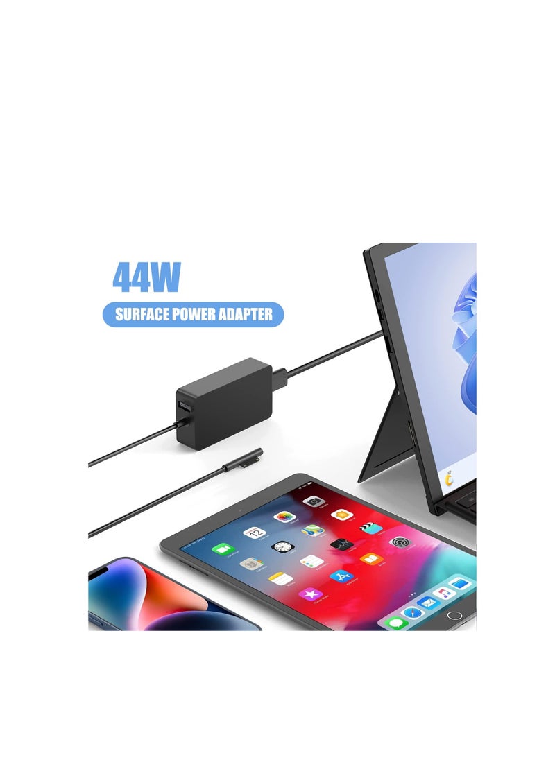 44W Surface Pro Charger, Compatible with Microsoft Surface Pro 10, 9, 8, 7+, 7, 6, 5, 4, 3, X, Surface Laptop 1/2/3 Surface Go Surface Book Power Cord with 5V 1A USB Charging Port