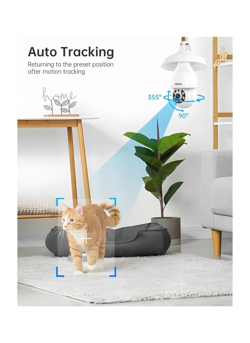 360° Light Bulb Security Camera – Indoor WiFi PTZ IP CCTV Camera, Wireless E27 Bulb Camera with Motion Detection, Night Vision, 2-Way Audio, Mobile App Control