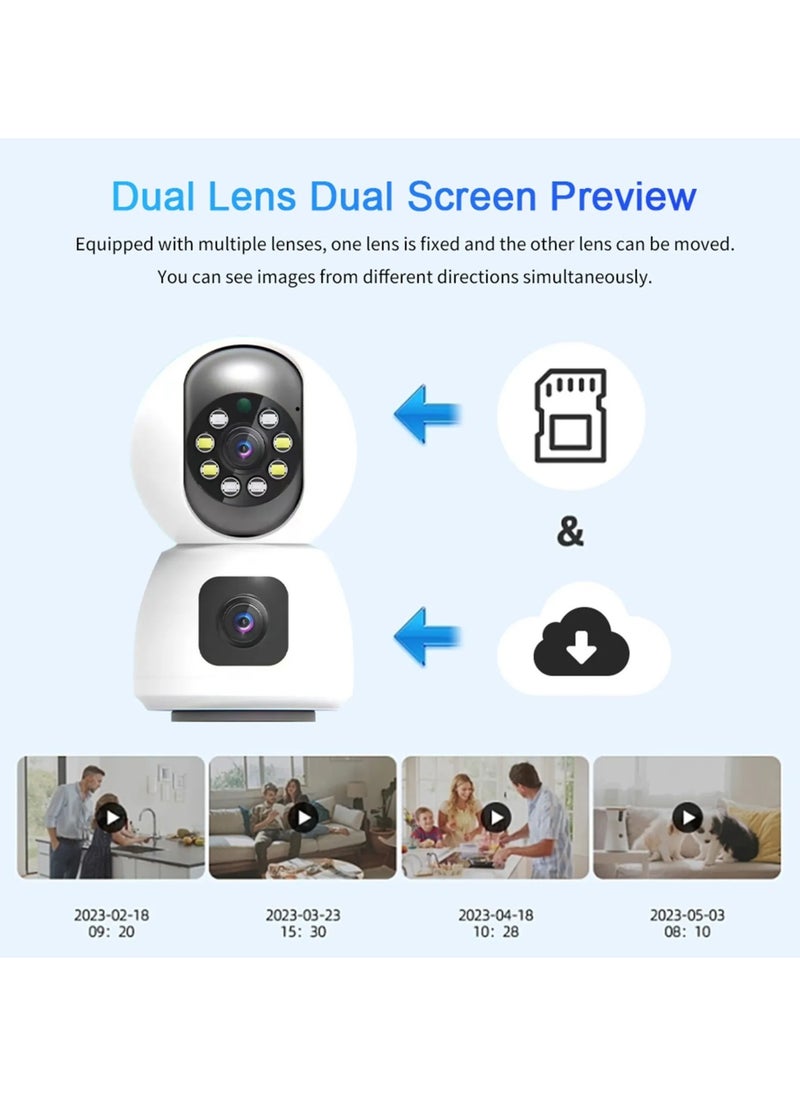 Dual Lens 1080P WiFi Smart Camera – HD Wireless Home Security Monitor, Indoor Surveillance Cam with Remote Access, Motion Detection, Night Vision, 2-Way Audio (White)