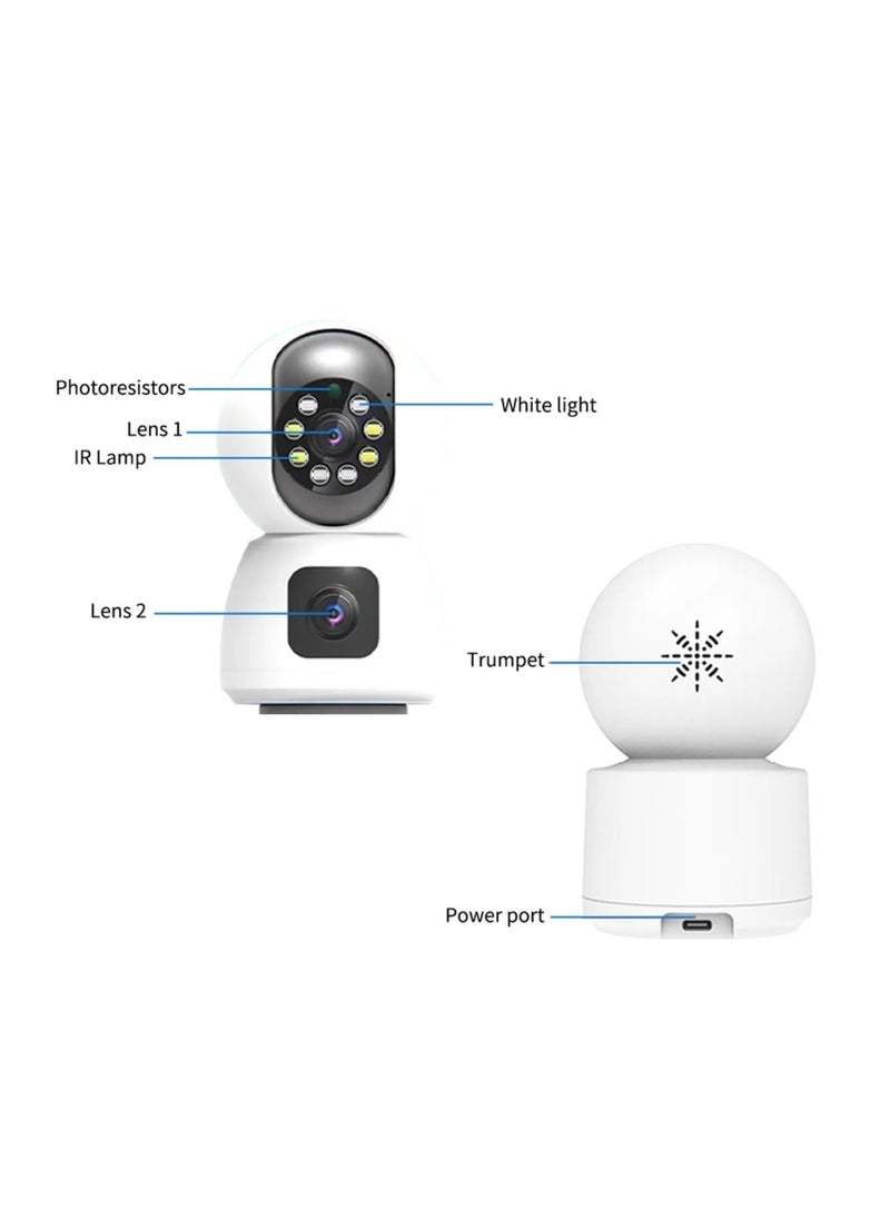 Dual Lens 1080P WiFi Smart Camera – HD Wireless Home Security Monitor, Indoor Surveillance Cam with Remote Access, Motion Detection, Night Vision, 2-Way Audio (White)