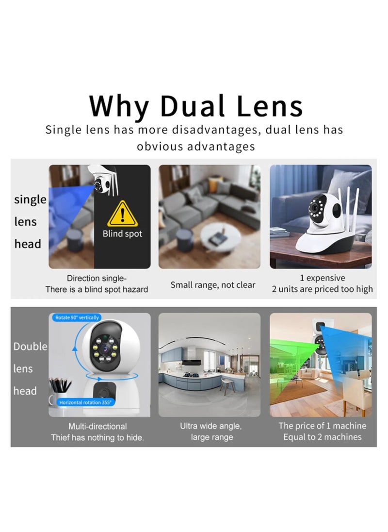 Dual Lens 1080P WiFi Smart Camera – HD Wireless Home Security Monitor, Indoor Surveillance Cam with Remote Access, Motion Detection, Night Vision, 2-Way Audio (White)