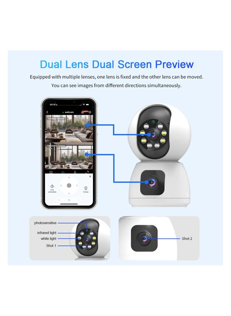 Dual Lens 1080P WiFi Smart Camera – HD Wireless Home Security Monitor, Indoor Surveillance Cam with Remote Access, Motion Detection, Night Vision, 2-Way Audio (White)