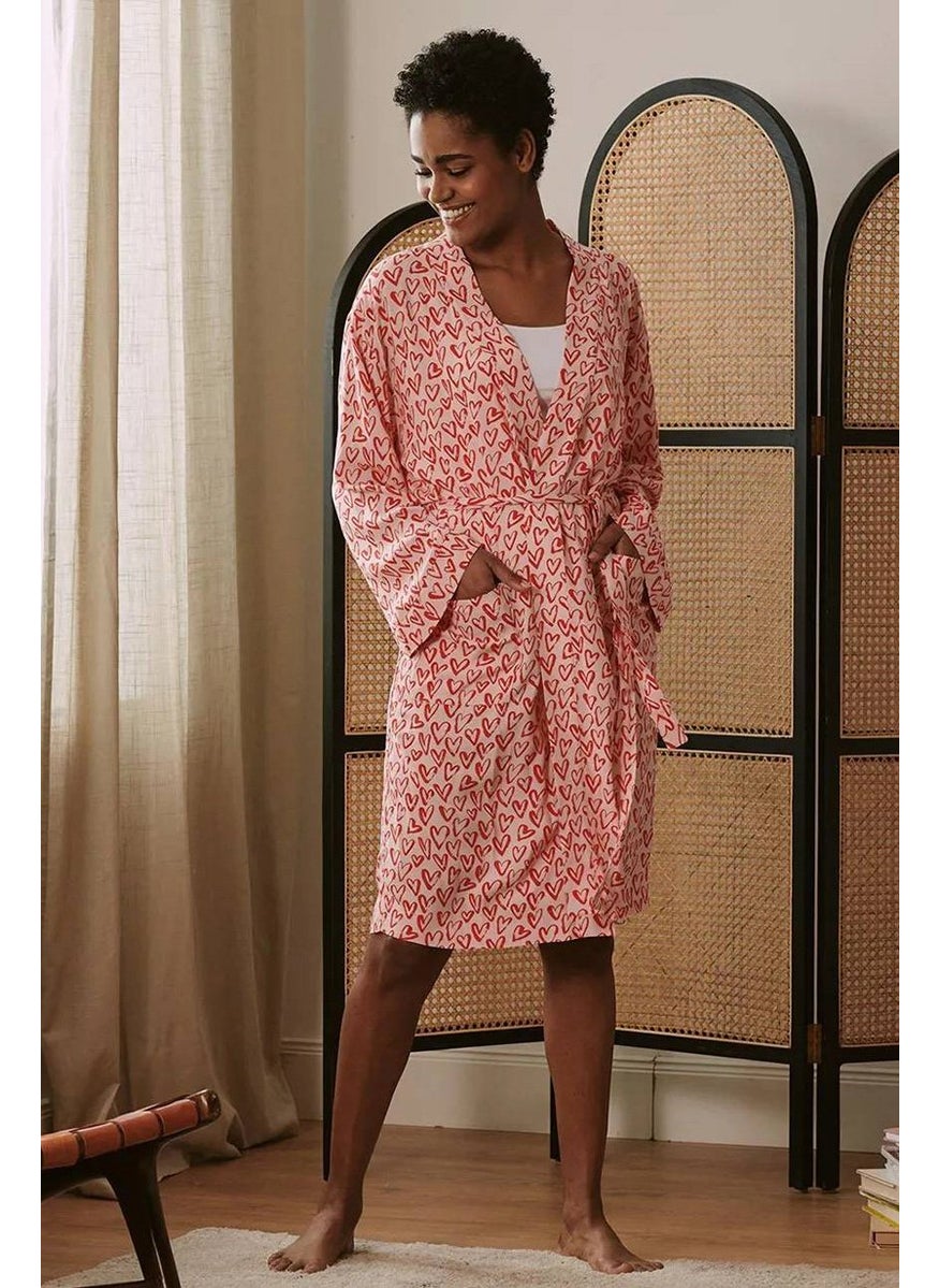 Women All Over Printed Dressing Gown, Red Combo