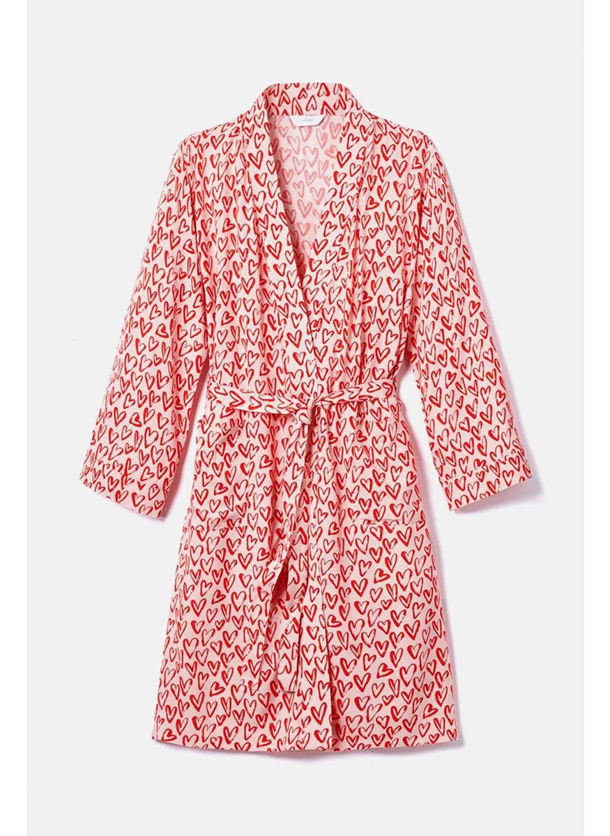 Women All Over Printed Dressing Gown, Red Combo