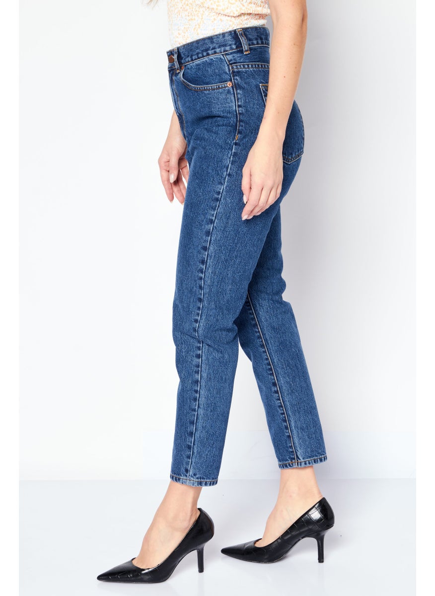 Women Mom Fit Wash Non Stretchable Denim, Blue