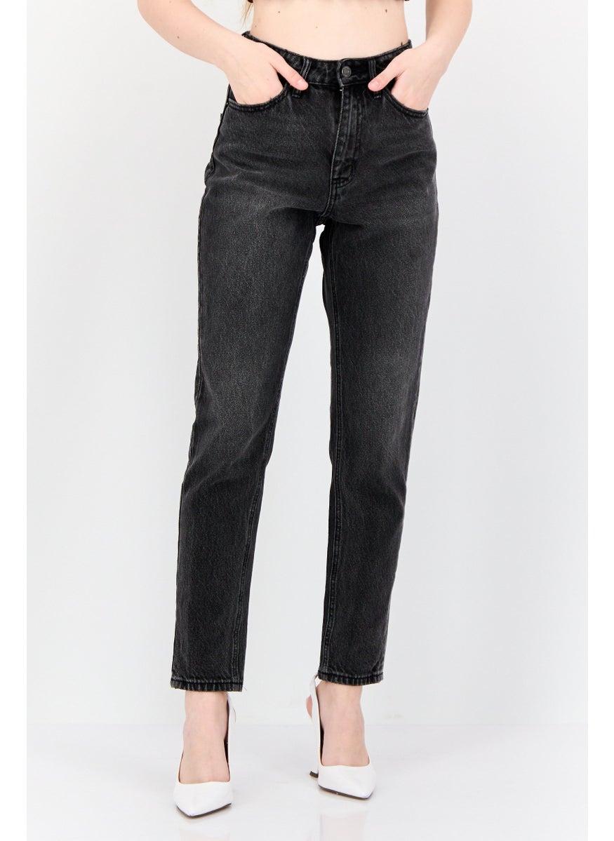 Women Mom Fit High Rise No Stretch Jeans, Washed Black