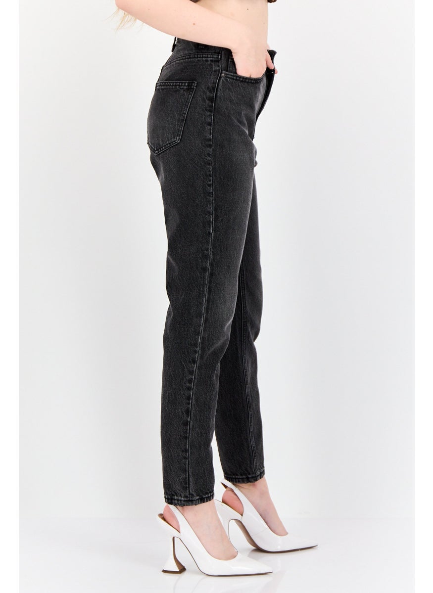 Women Mom Fit High Rise No Stretch Jeans, Washed Black