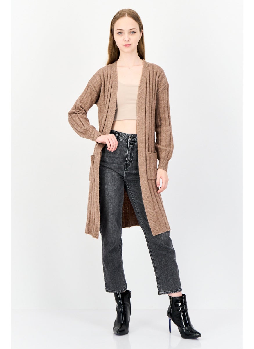 Women Split Neck Textured Cardigan, Brown