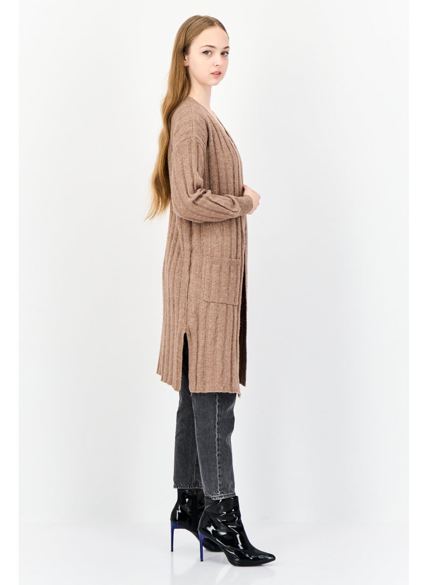 Women Split Neck Textured Cardigan, Brown