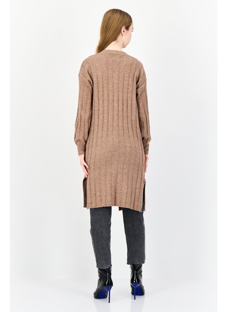 Women Split Neck Textured Cardigan, Brown