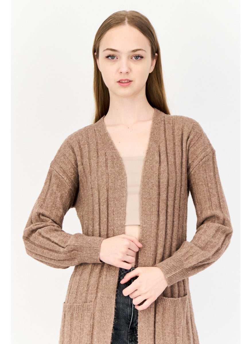 Women Split Neck Textured Cardigan, Brown