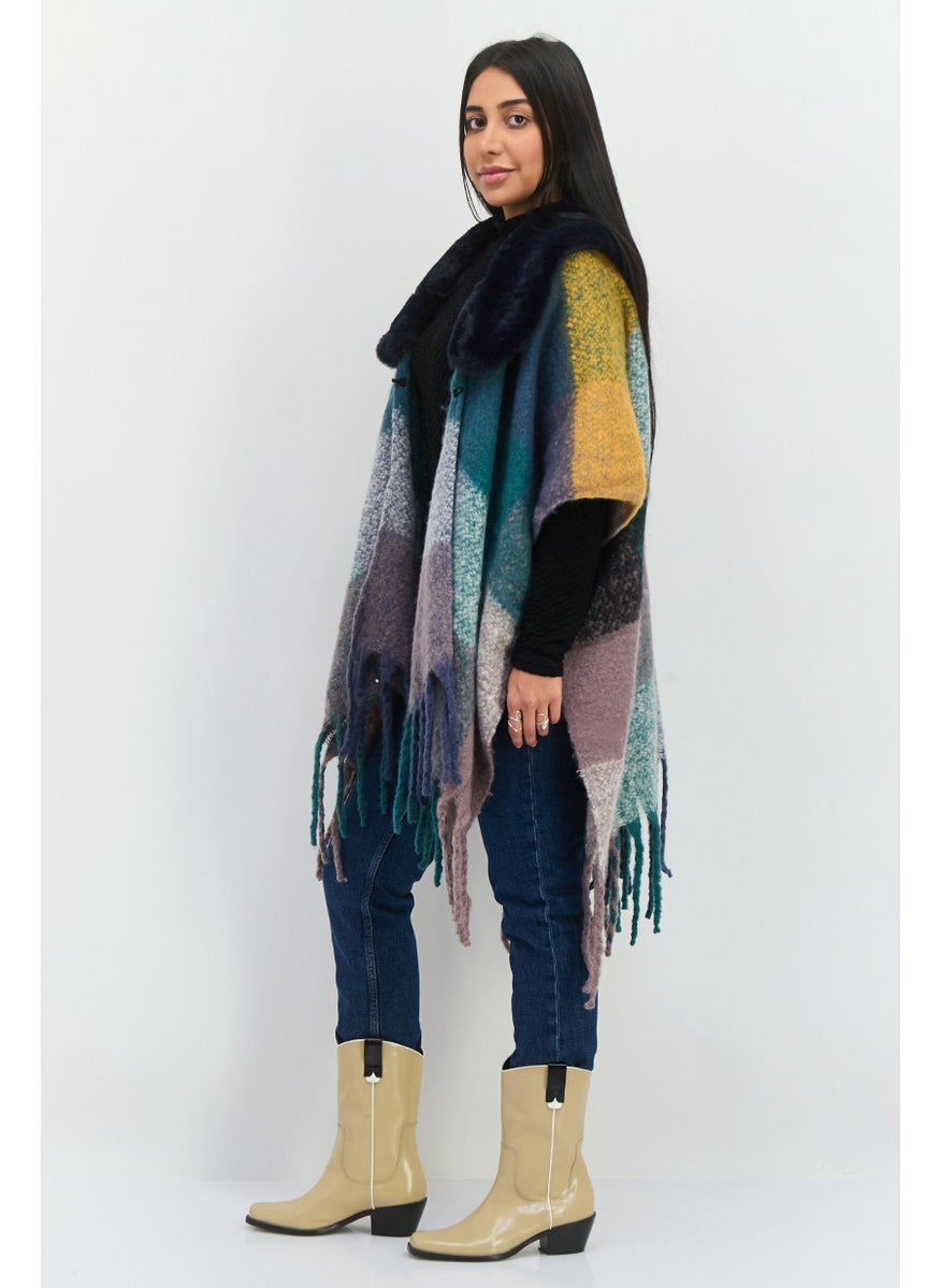 Women Colorblock Poncho, Navy Combo