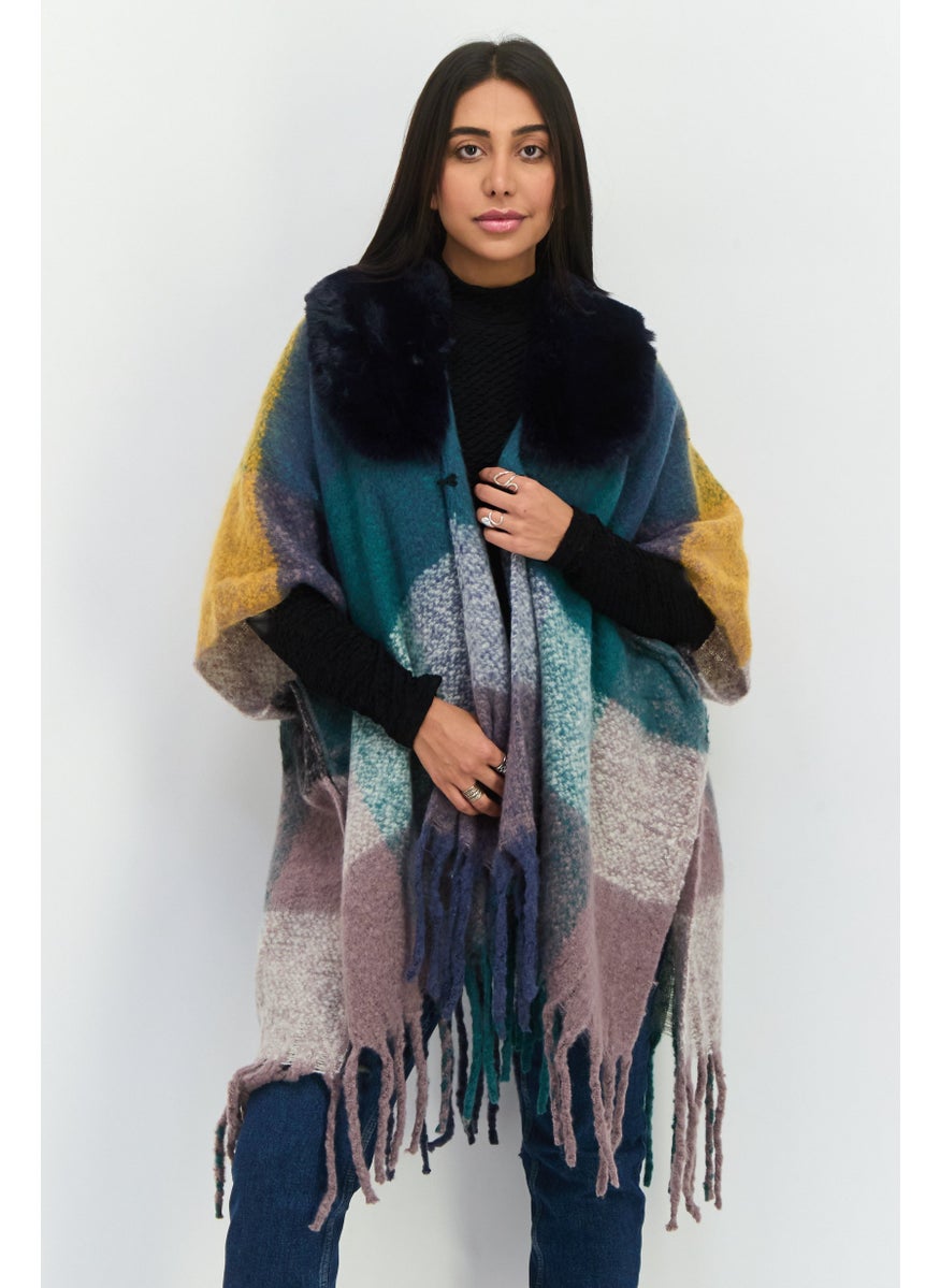 Women Colorblock Poncho, Navy Combo