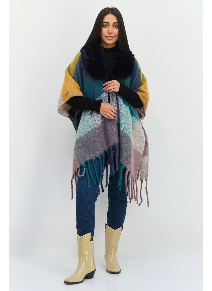 Women Colorblock Poncho, Navy Combo