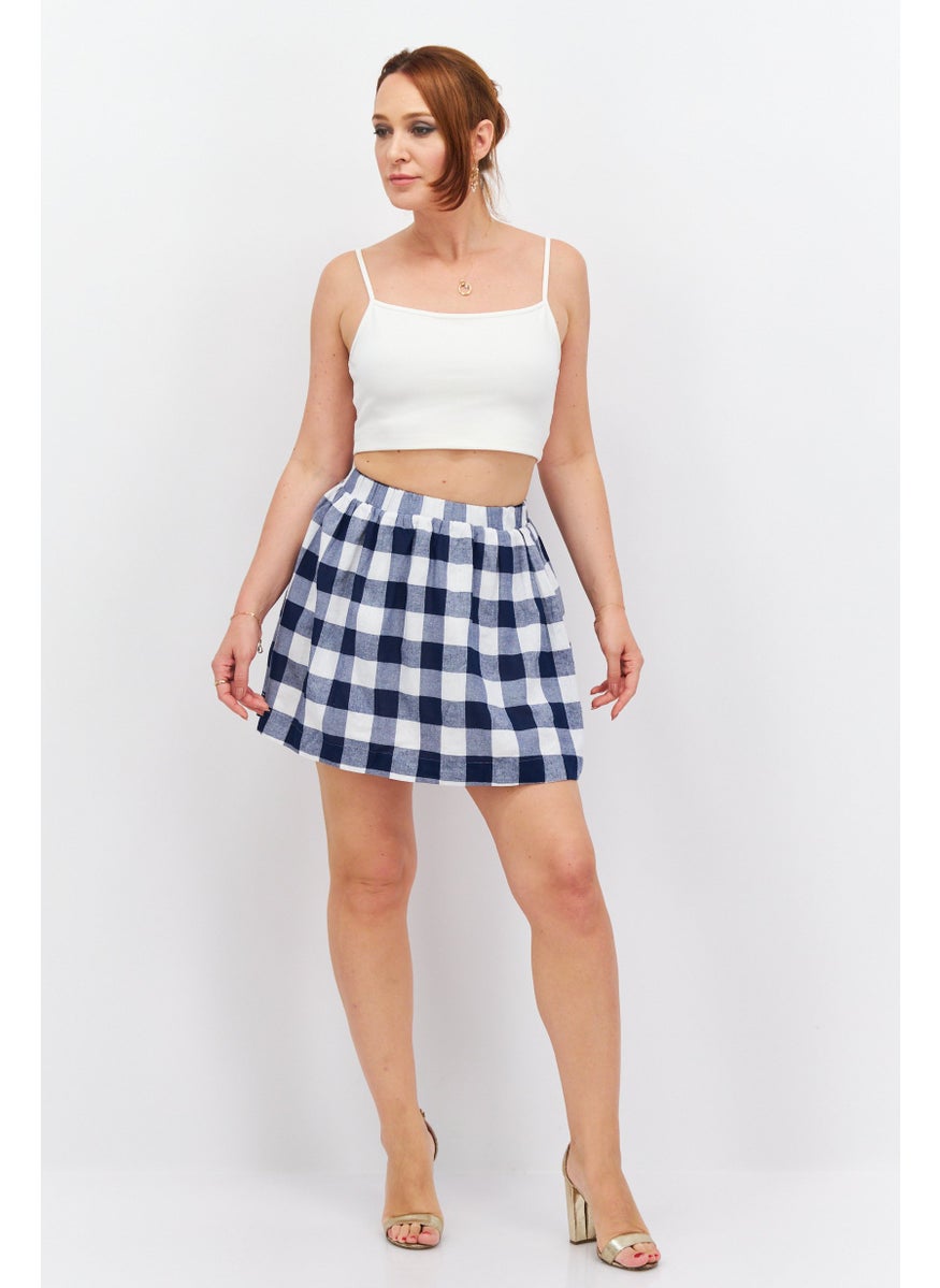 Women Checkered Mini Skirt, Navy