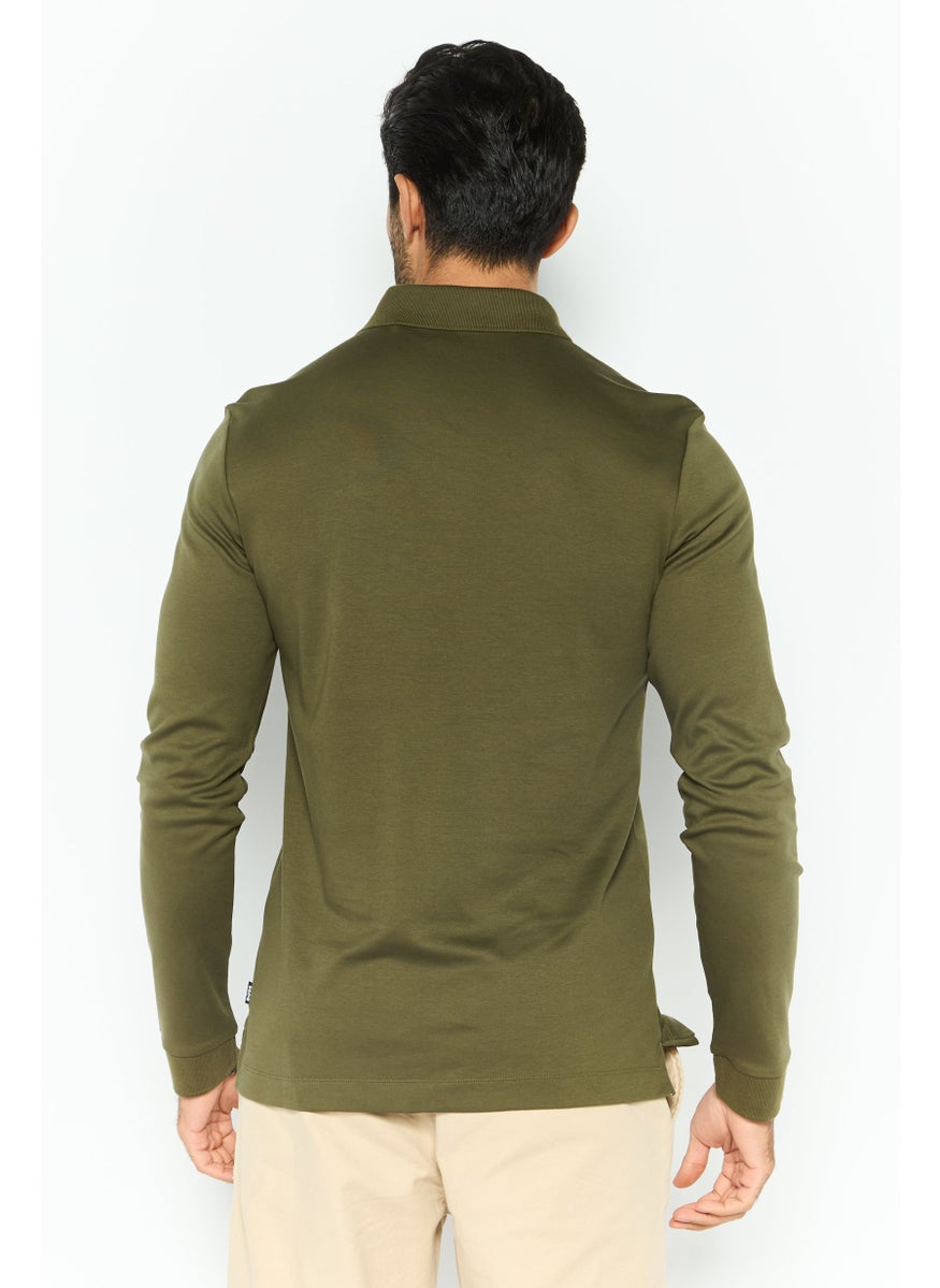 Men Regular Fit Brand Logo Long Sleeve Polo Shirt, Olive