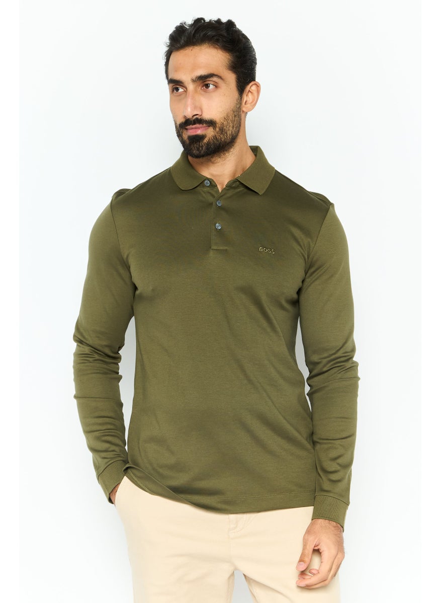Men Regular Fit Brand Logo Long Sleeve Polo Shirt, Olive