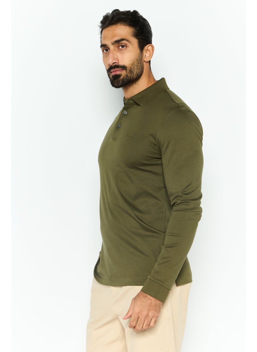 Men Regular Fit Brand Logo Long Sleeve Polo Shirt, Olive