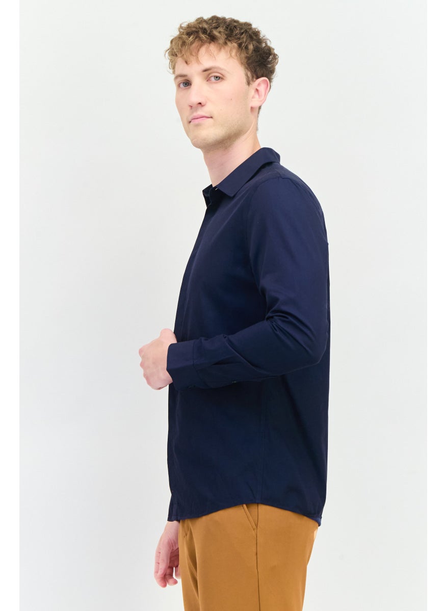 Men Regular Fit Solid Long Sleeves Casual Shirt, Navy