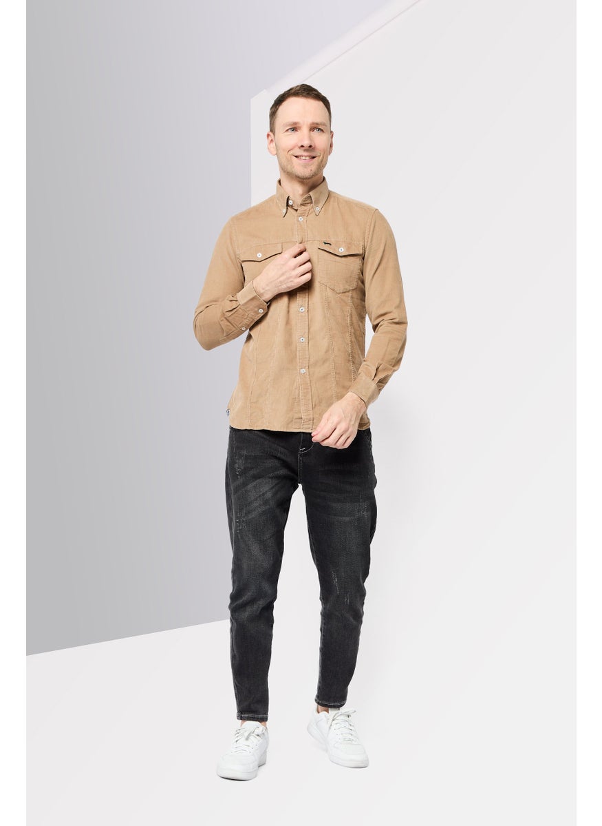 Men Narrow Fit Embroidered Logo Long Sleeve Casual Shirt,  Tan