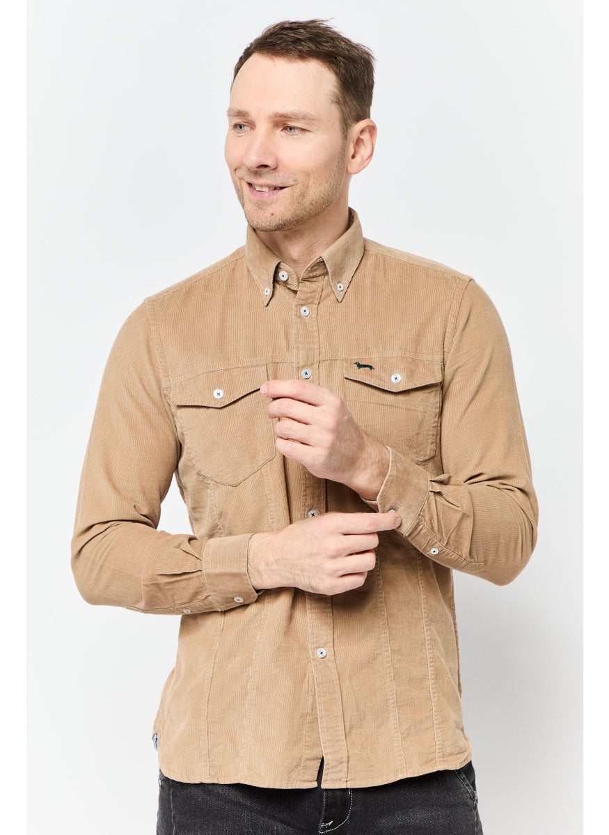Men Narrow Fit Embroidered Logo Long Sleeve Casual Shirt,  Tan