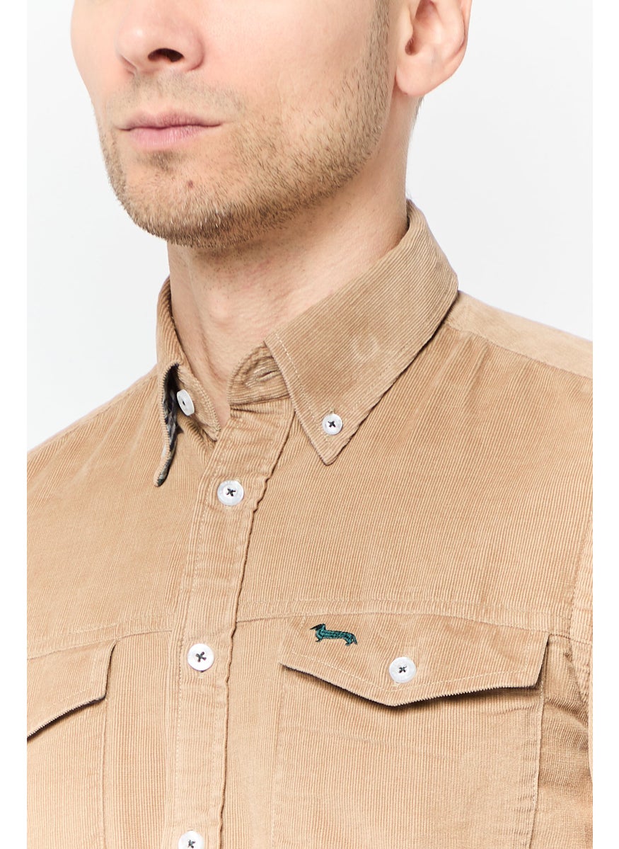 Men Narrow Fit Embroidered Logo Long Sleeve Casual Shirt,  Tan