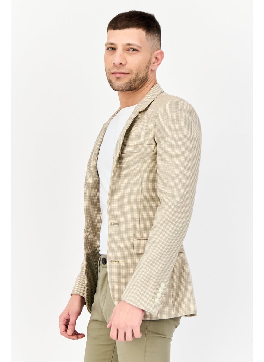 Men Skinny Fit Plaid Semi-Formal Blazer, Beige