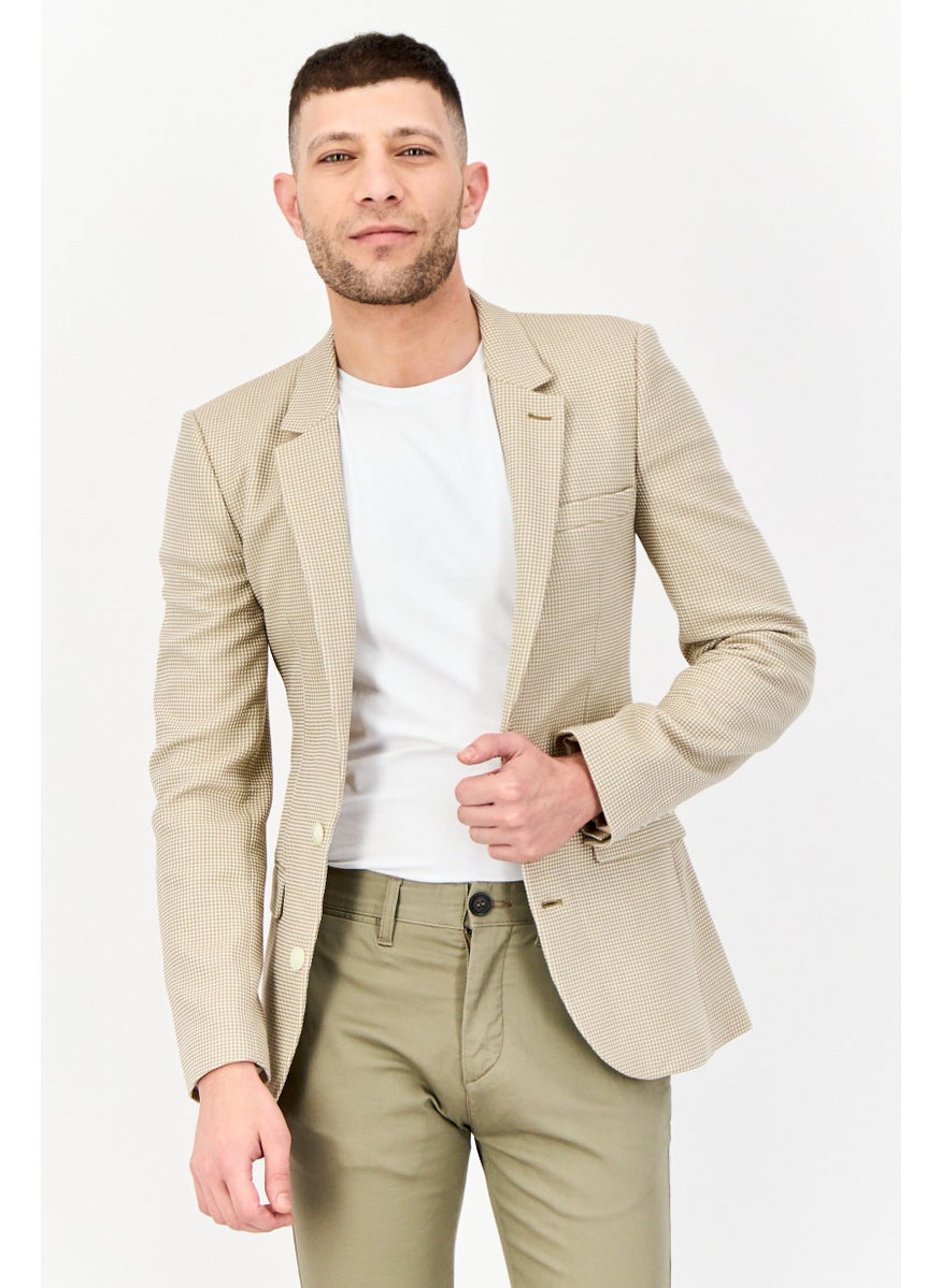 Men Skinny Fit Plaid Semi-Formal Blazer, Beige